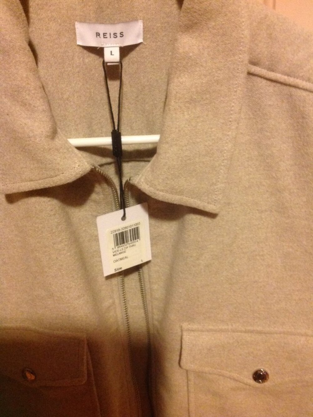 Reiss Men's Large Front Zipper Closure Long Sleeve Jacket - New with Tags